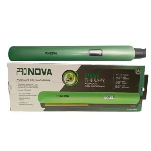 Plancha de pelo verde metálico Pronova Pro-9960 Shine Therapy con control digital y temperatura hasta 450 grados, sobre su caja ilustrada.